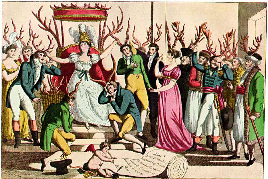A French satirical print depicting an "order" of cuckolds wearing horns.