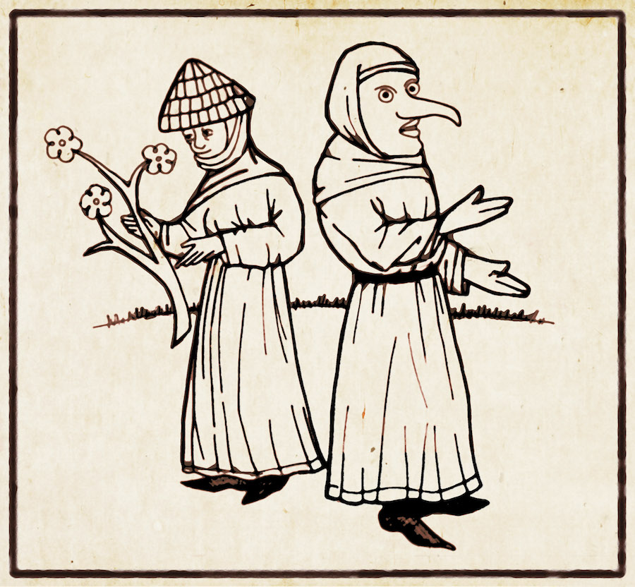 Frau Perchta (right) from Hans Vintler’s Die Pluemen der Tugent