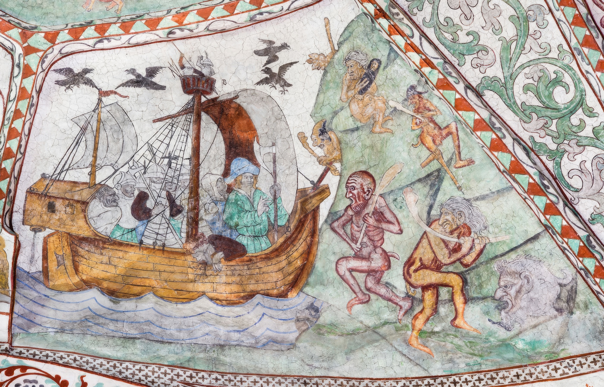 Encountering trolls -- St. Olaf's Journey, fresco by Albertus Pictor, ca 1470, Dingtuna Church, Västerås, Sweden